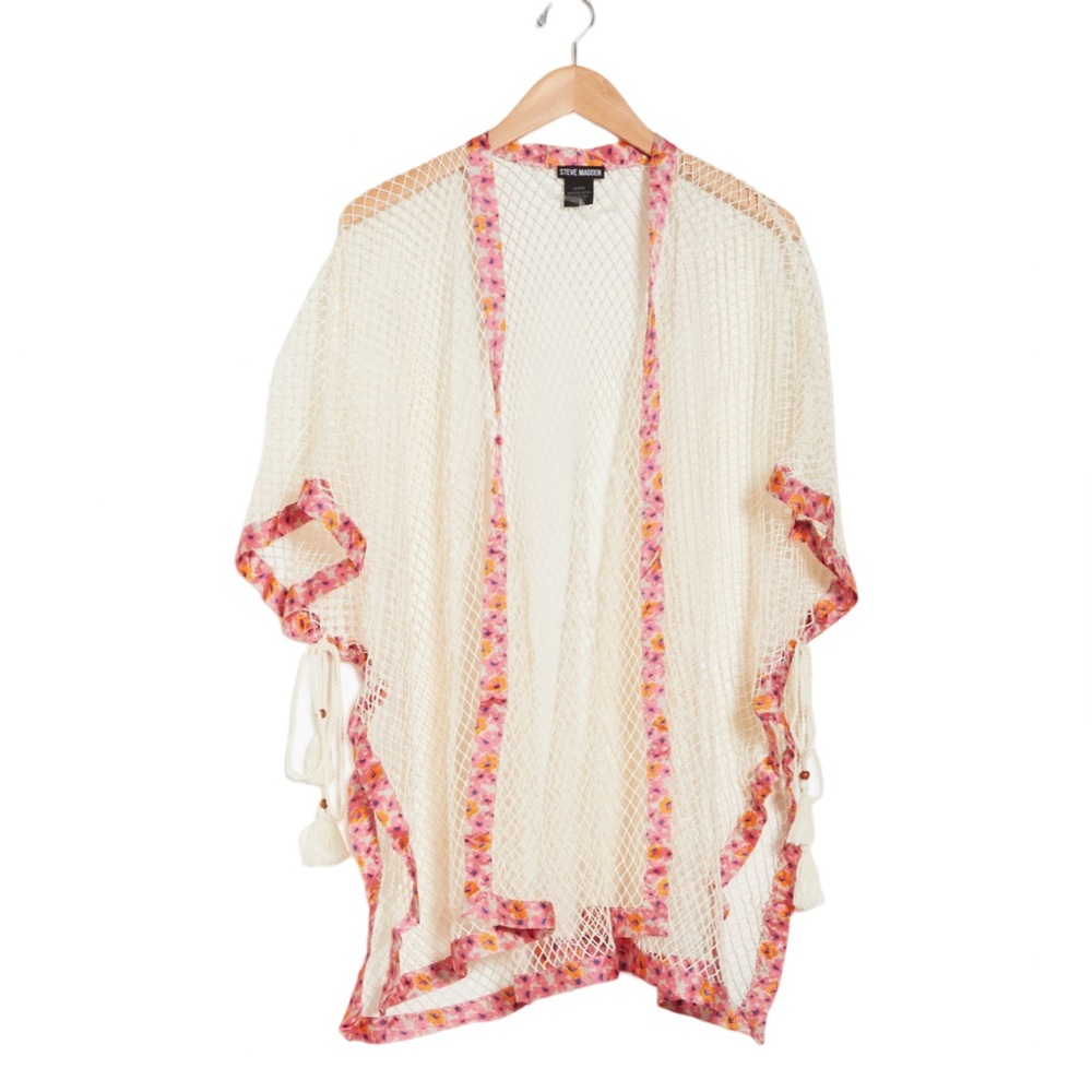 Steve Madden fishnet kimono ivory with floral satin trim one size NWT